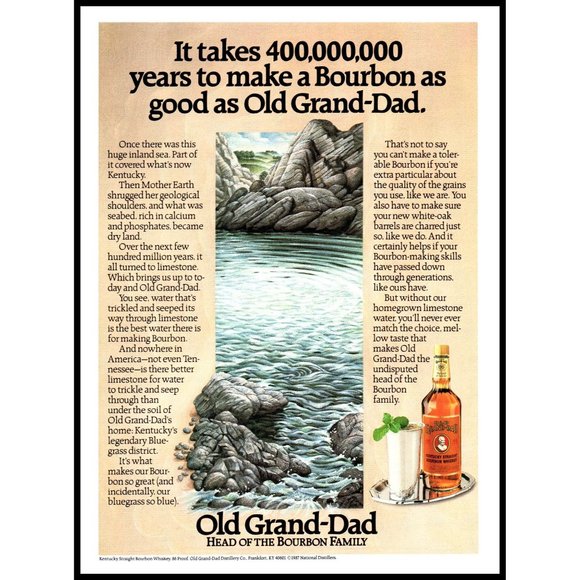 1987 Old Grand-Dad Bourbon Whiskey Vintage Print Ad Drawing Limestone Rocks Art - Picture 1 of 1